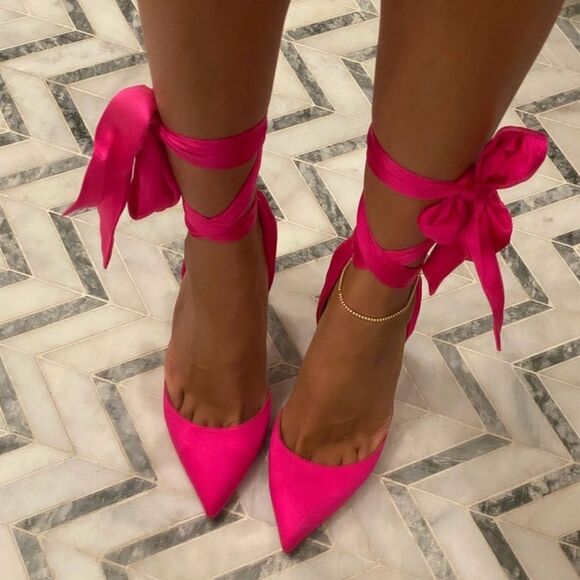 CHRISTIAN LOUBOUTIN Satin Douce Du Desert 100 Heels Rose Pink Ankle Tie EU37 US7 - Picture 15 of 16